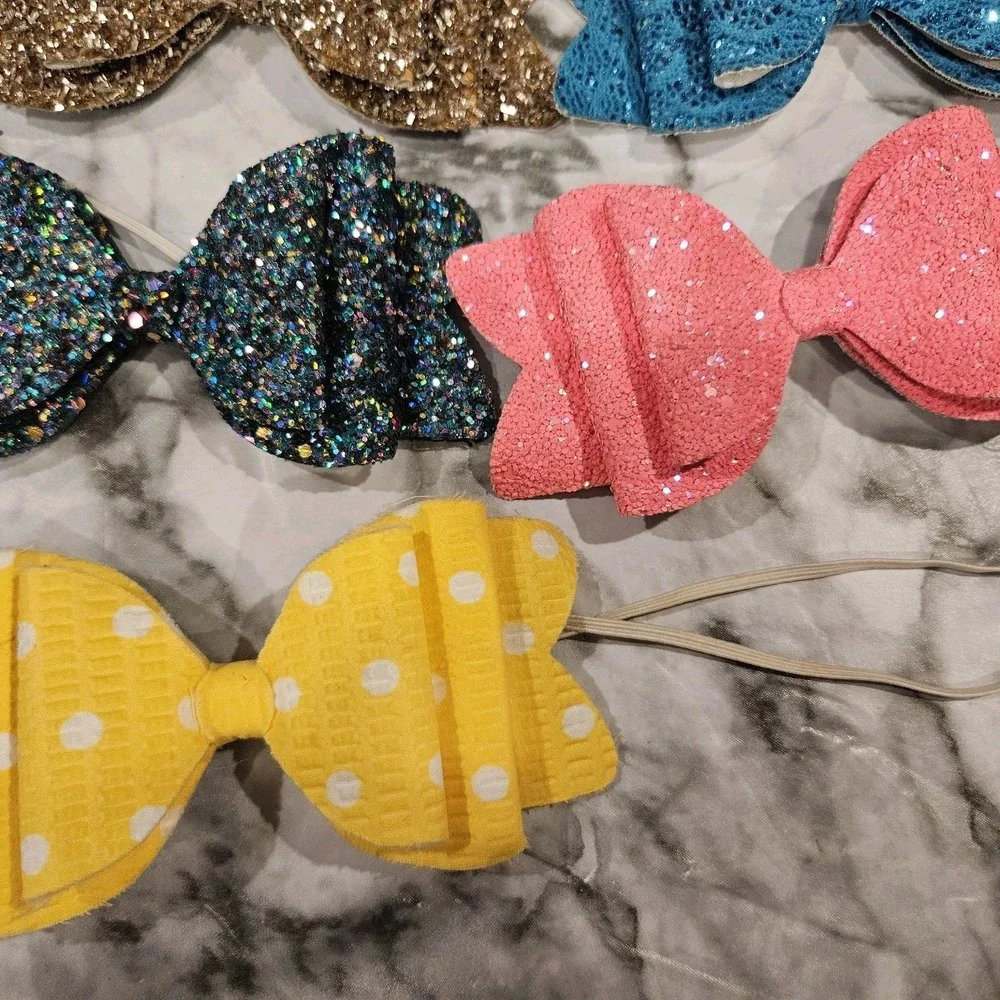 8 Large Bow Elastic Headbands – Various‎ Textures, Girls
